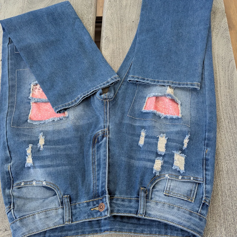 Women’s Blue Distressed Patchwork Jeans with Pink Accents Size M - Picture 5 of 16